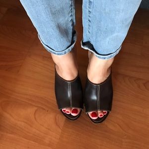 Apostrophe brown open toe high heel mule